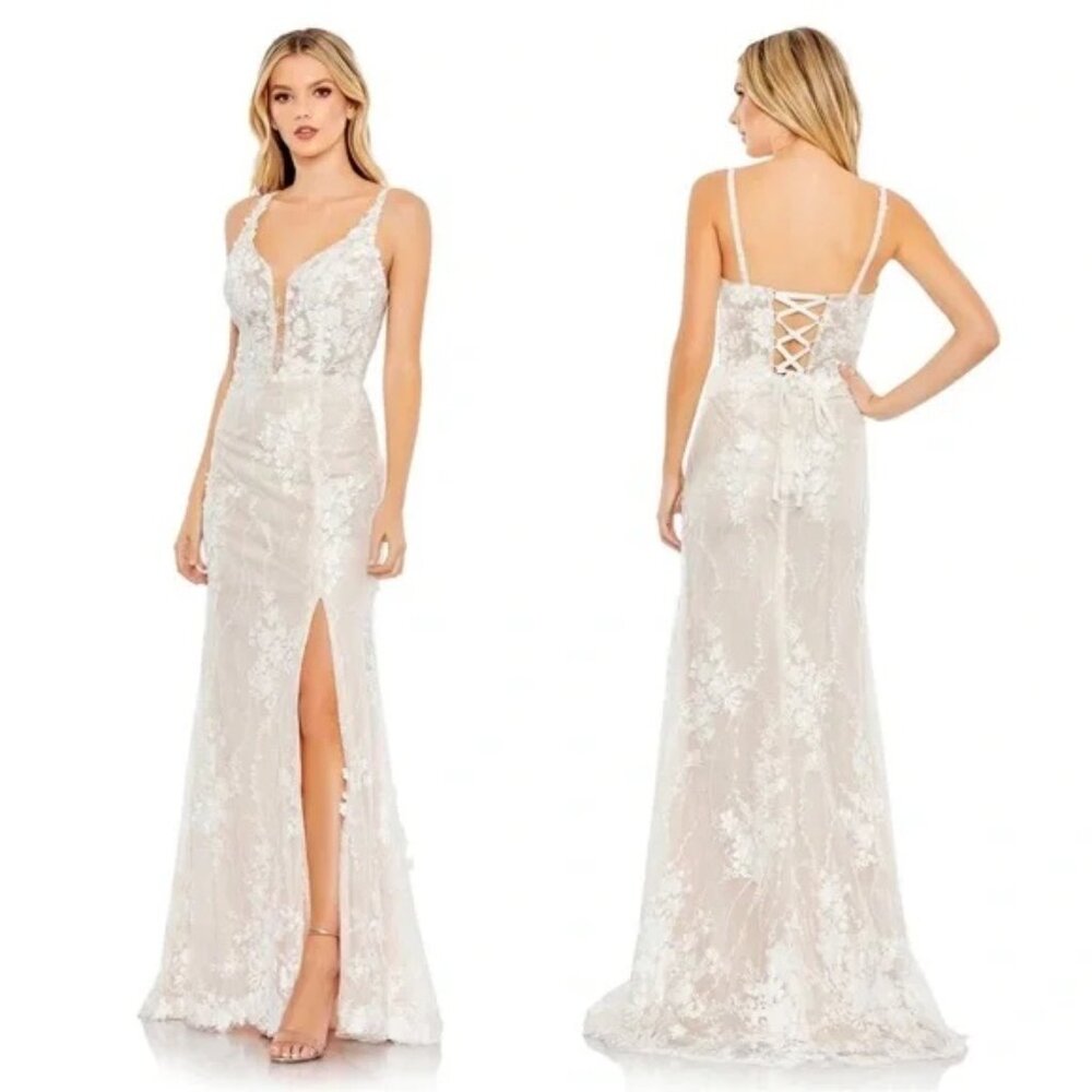 Mac Duggal White Glitter‎ Floral Applique Sleeveless Mermaid Gown 8 - $898